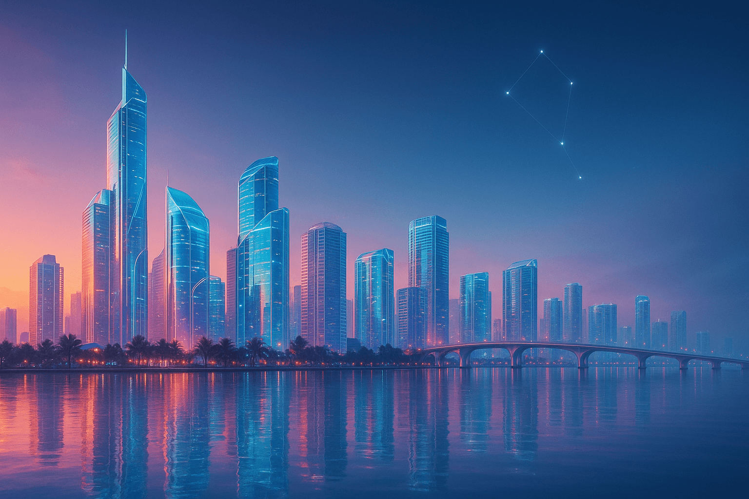 Futuristic Florida skyline at dusk with constellation-like light points