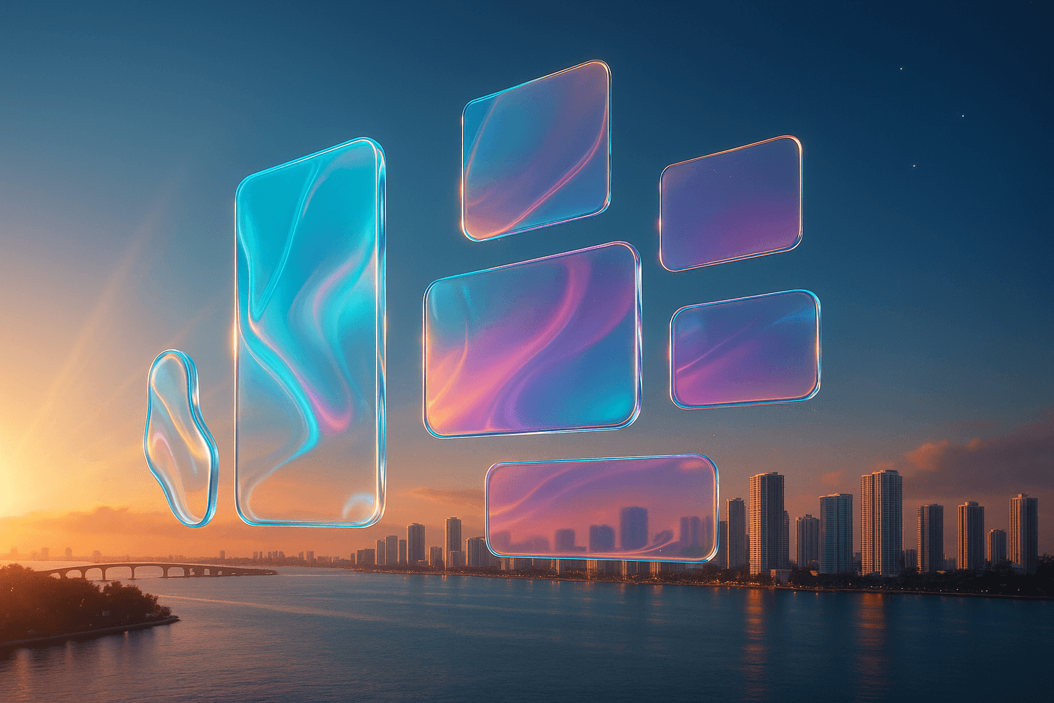 Liquid-glass Orion constellation floating above a futuristic Miami coastline at golden hour