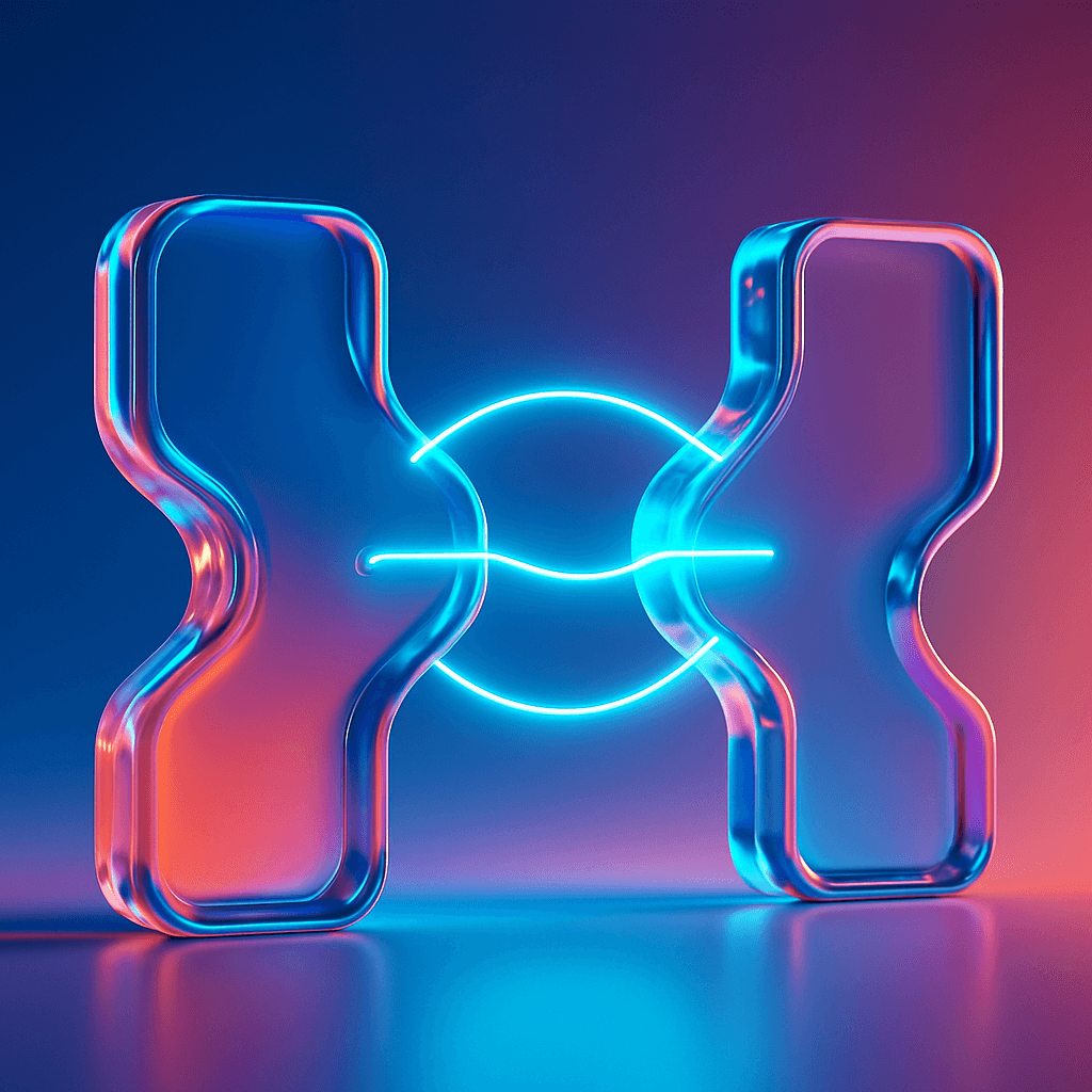 Two glass plug-shaped sculptures locking together with light streams