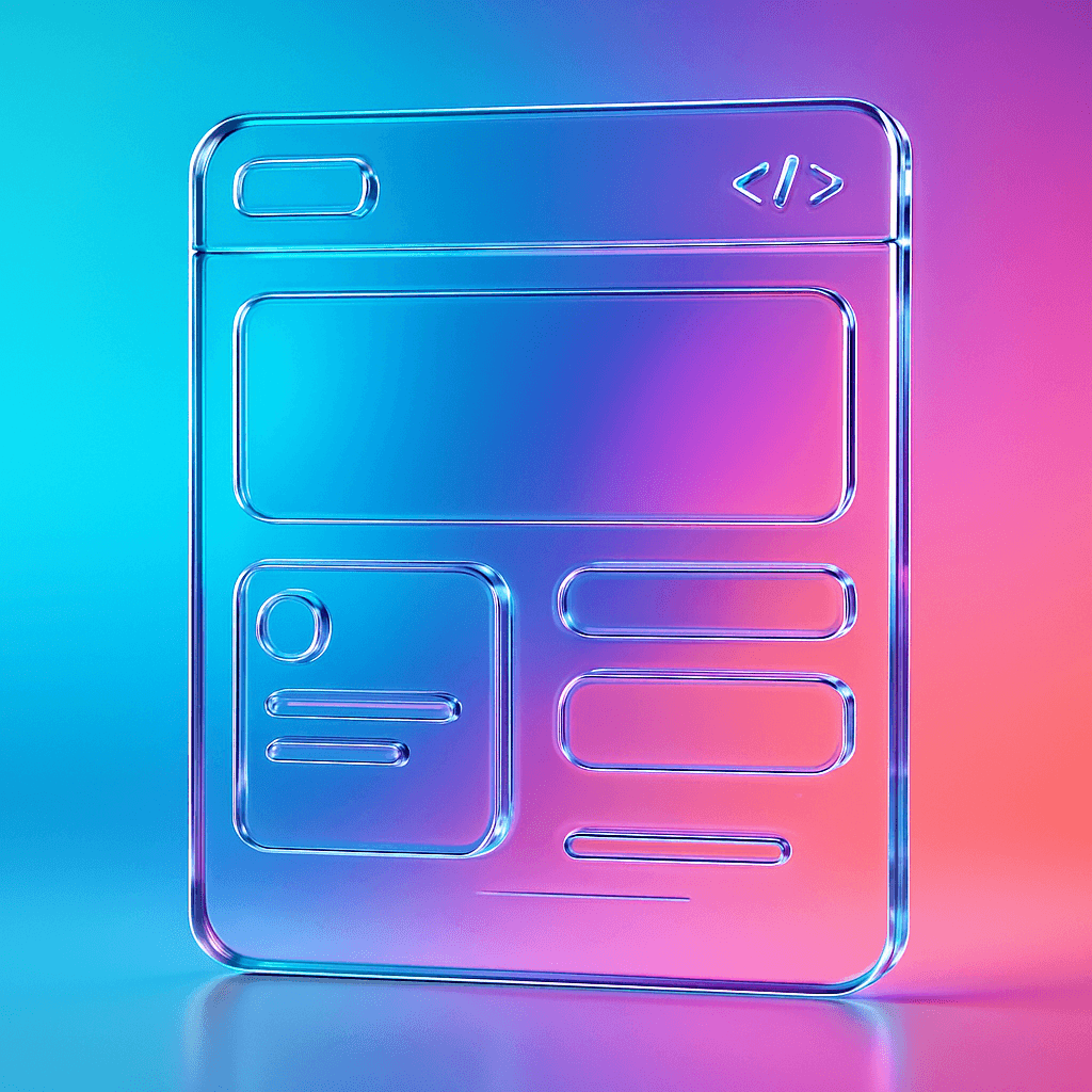 Liquid-glass website wireframe panel floating above a cyan-pink gradient