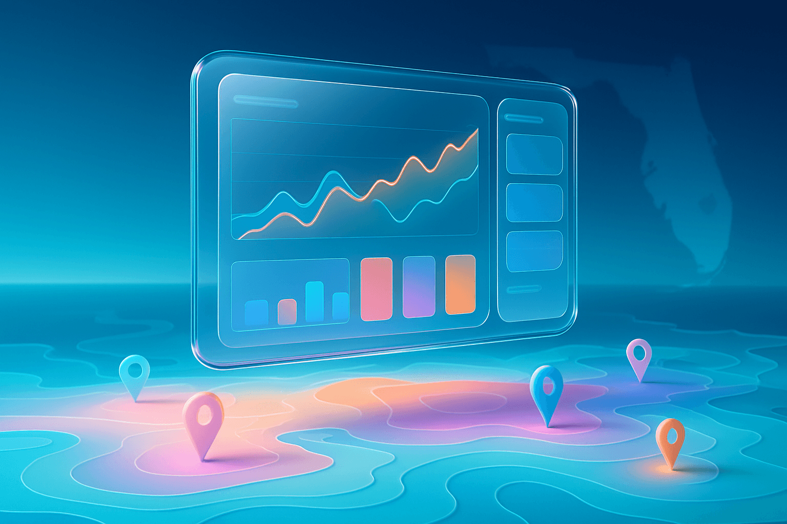 Real-estate intelligence dashboard with property heatmap and floating valuation cards